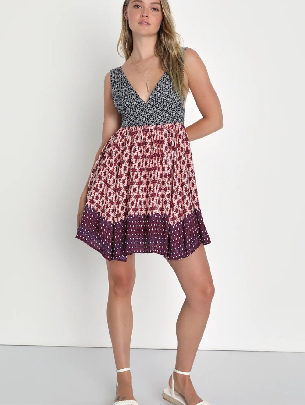 Lulus La Vie en Roses Navy Blue & Red Floral Lace-Up Back Dress Large